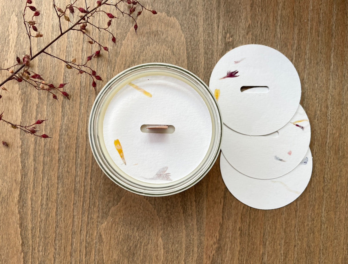 Recycled Petal Candle Dust Covers for wooden wick — Fernery Designs